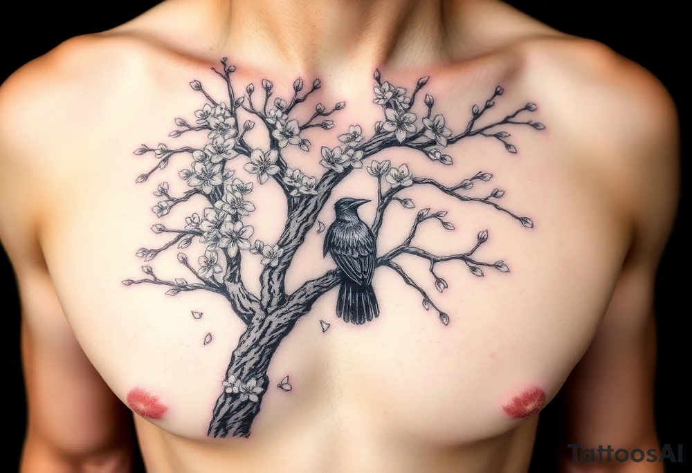 Japanese style cherry blossom complete tree with a raven in a branch tattoo idea