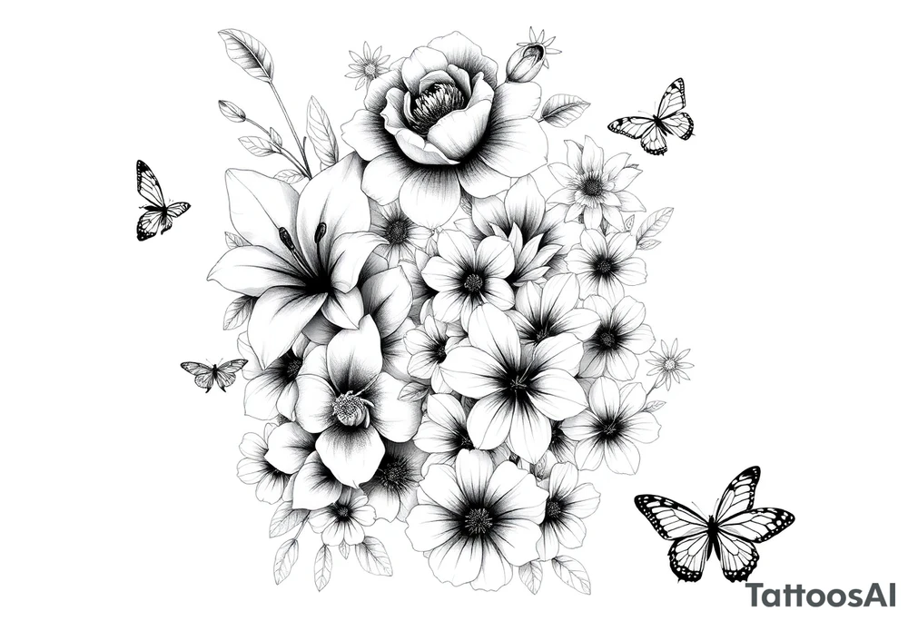 Calia Lily, rose, gadiolus, carnation,Narcissus,poppy, aster, violet ,chrysanthemum, lily of the valley and water lily sleeve on upper arm and shoulder  with butterfly’s and bumblebees and dragonflies on skin tattoo idea