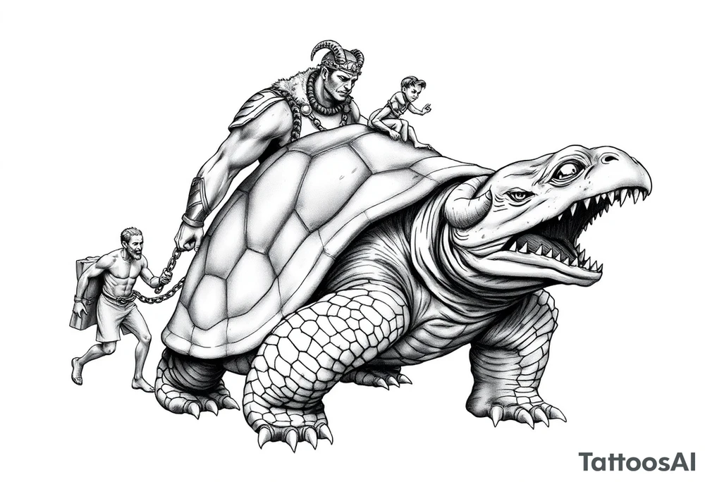 A giant walking 2 slaves on a chain leashan angry turtle with goat horns and huge teeth with a little man riding on his back tattoo idea