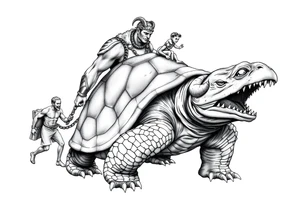 A giant walking 2 slaves on a chain leashan angry turtle with goat horns and huge teeth with a little man riding on his back tattoo idea