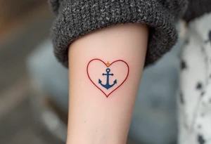 Tiny black font love faith hope placed within a heart outline in red, with a gold cross on top and a blue anchor below. tattoo idea