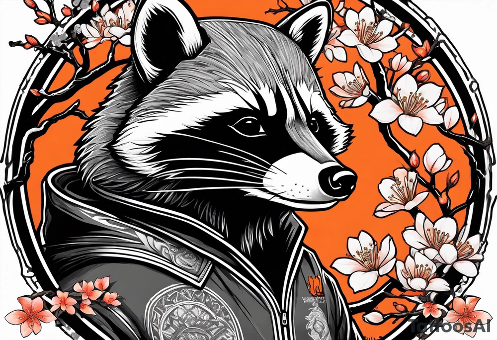 Raccoon wearing a white Superman logo on a black hoodie and orange Japanese cherry blossoms beside tattoo idea