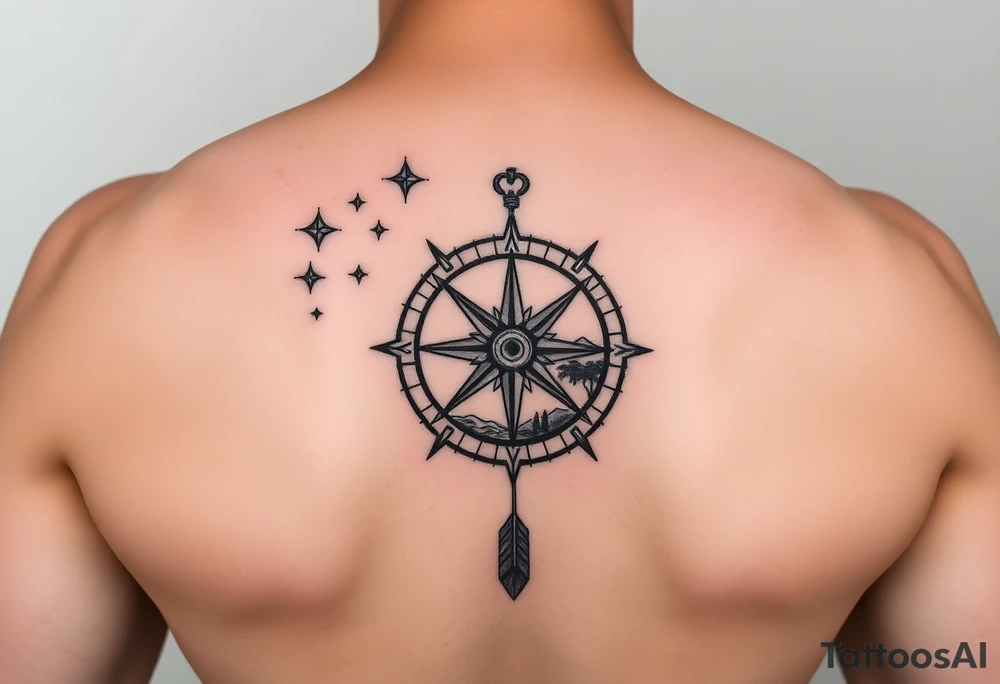 a compass,stars,landscape,an arrow. tattoo idea