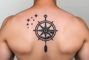 a compass,stars,landscape,an arrow. tattoo idea