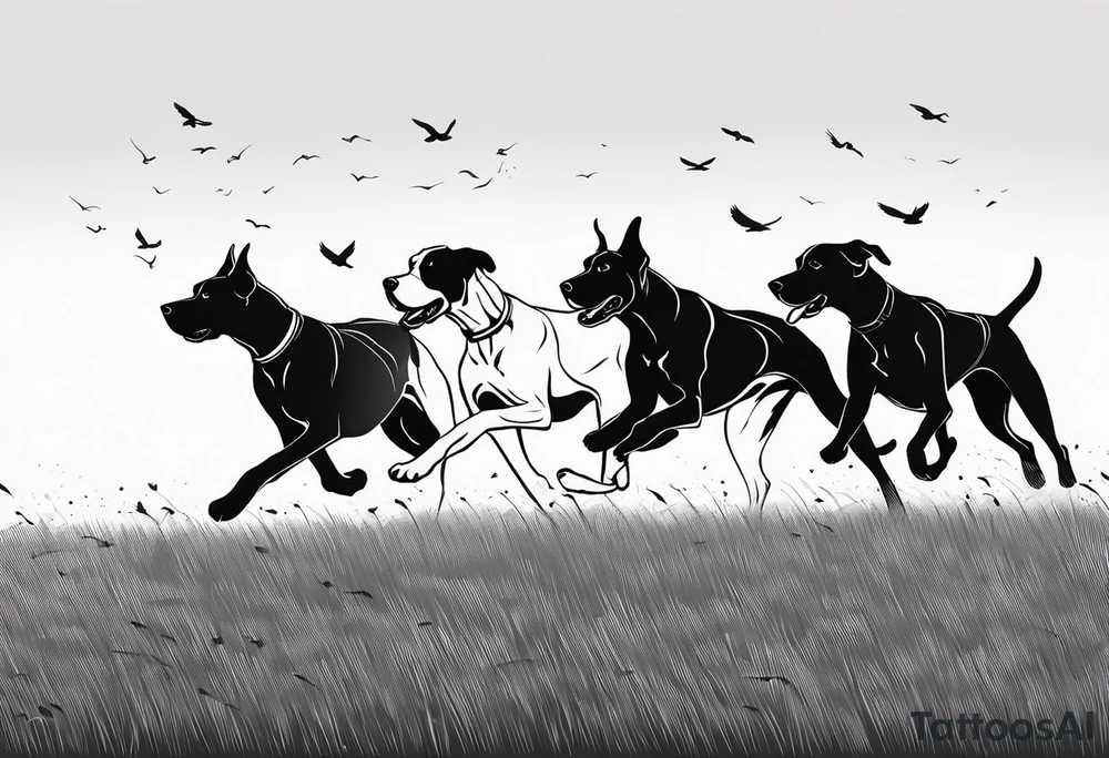full arm sleeve on guy with (4) Four Great Dane floppy ear dogs running together in the field tattoo idea