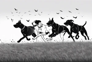 full arm sleeve on guy with (4) Four Great Dane floppy ear dogs running together in the field tattoo idea