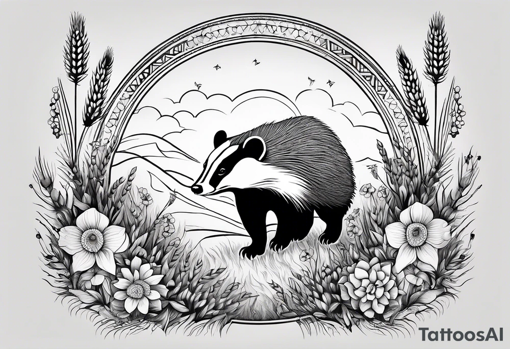 A trippy black and white tattoo of a badger, flowers, a field of wheat, forest and fractals tattoo idea