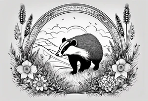 A trippy black and white tattoo of a badger, flowers, a field of wheat, forest and fractals tattoo idea