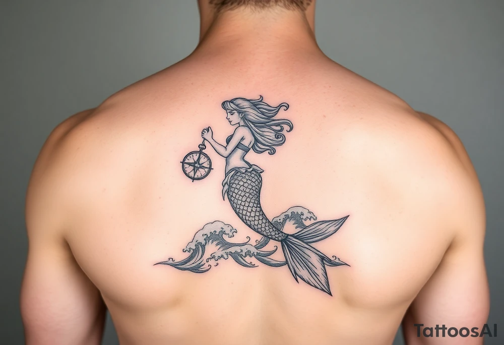 Mermaid in waves with compass tattoo idea