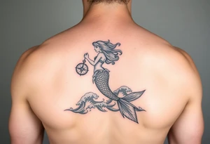 Mermaid in waves with compass tattoo idea