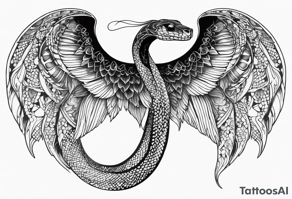 A detailed depiction of a snake with a radiant halo above its head and elegant wings extending from its sides. tattoo idea