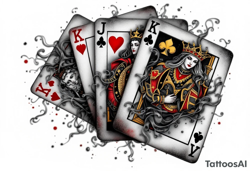 A playing cards tattoo showing the ace of spades, queen of hearts, and king of clubs fanned out in rich black, deep red, and golden-yellow ink, with realistic card textures, subtle shadowing, and faint smoky wisps curling around the edges for a dramatic, high-stakes vibe. tattoo idea