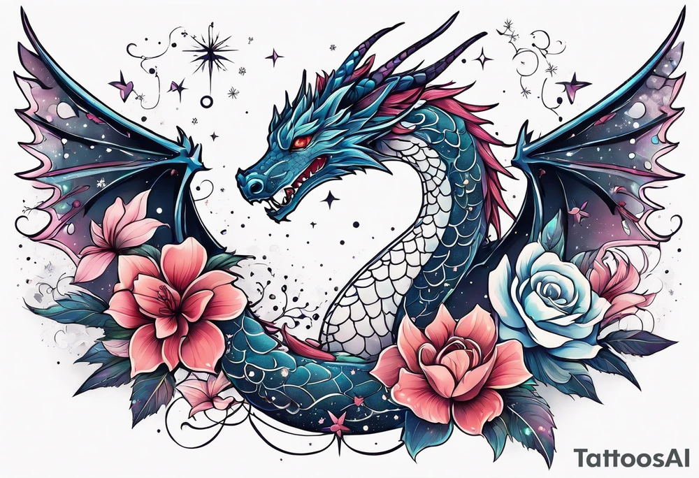 Constellation, wing , snow , cross , dragon female japan kawaii , flower tattoo idea