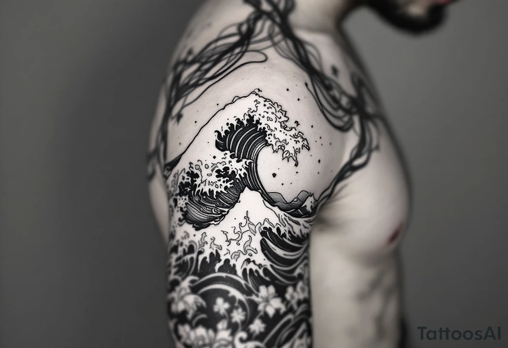 Fine line powerful ocean half sleeve with some shading tattoo idea Fine line powerful ocean half sleeve with some shading tattoo idea