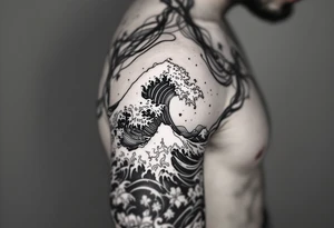 Fine line powerful ocean half sleeve with some shading tattoo idea