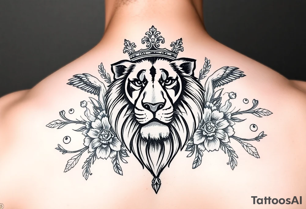 powerful majestic lion with a crown, surrounded by floral ornaments and birds tattoo idea