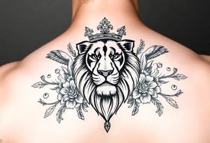 powerful majestic lion with a crown, surrounded by floral ornaments and birds tattoo idea
