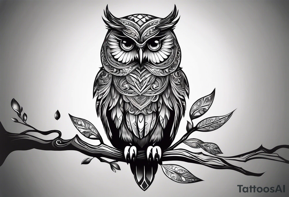 “A wise owl perched on a branch, with large, expressive eyes and intricate feather patterns, representing wisdom tattoo idea
