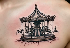 Tim Burton’s twisted carousel spins in black, gray, and faded burgundy, with skeletal horses and crooked poles. tattoo idea