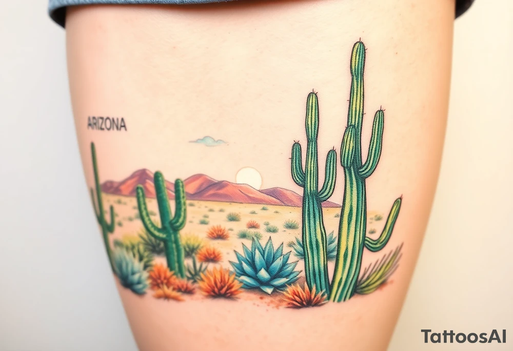 A scenic view of cactuses in the desert landscape of Arizona on a sunny day tattoo idea