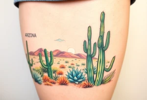 A scenic view of cactuses in the desert landscape of Arizona on a sunny day tattoo idea