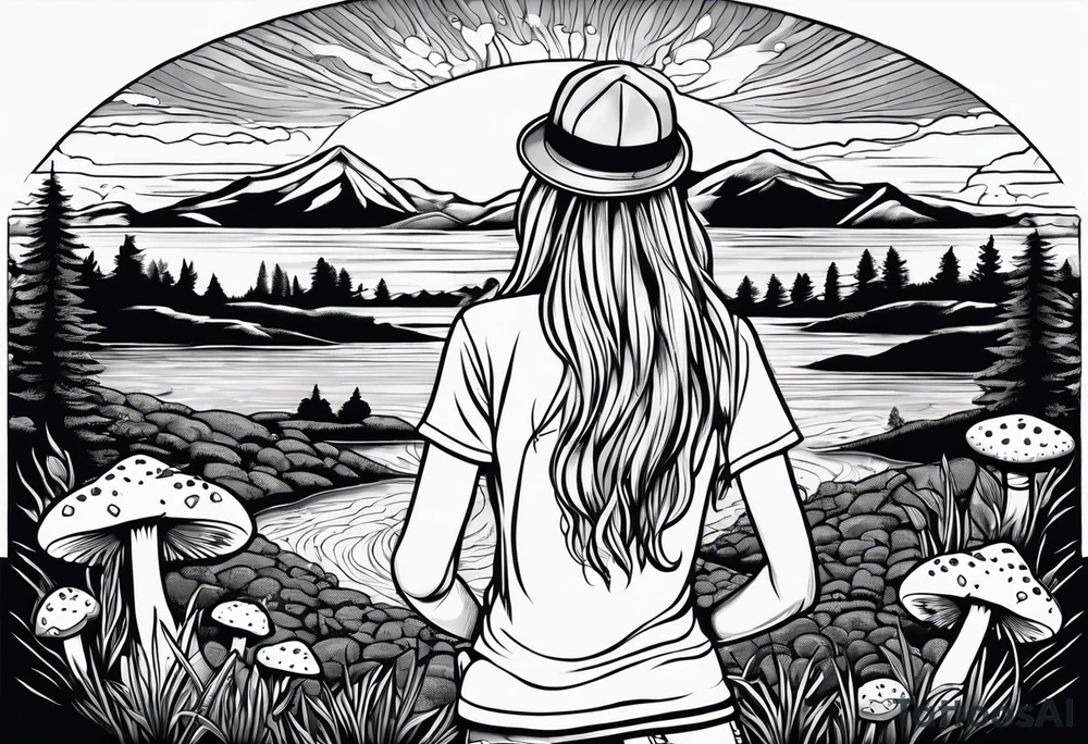 Straight long blonde hair hippie girl in distance holding mushrooms in hand facing away toward mountains and creek surrounded by mushrooms tee shirt and hiking pants tattoo idea