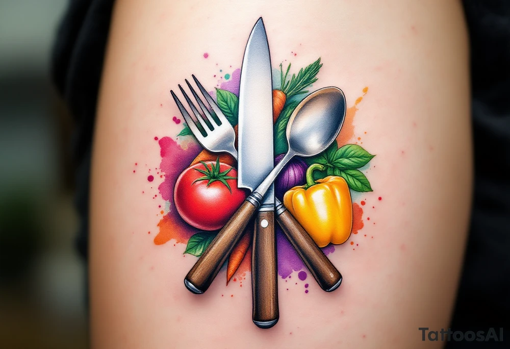 A realistic kitchen tattoo design showing a stainless steel chef’s knife with a brown wooden handle crossed over a silver fork and spoon, surrounded by fresh vegetables: a bright red tomato, an orange carrot with green leaves, a purple onion, green basil leaves, and a yellow bell pepper — all arranged in a circular layout with soft watercolor splashes in red, green, orange, and violet behind them. tattoo idea