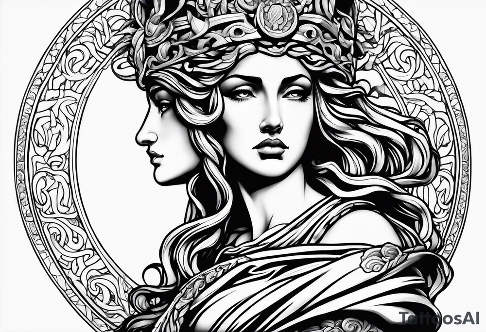 Athena sad looking up at medusa tattoo idea