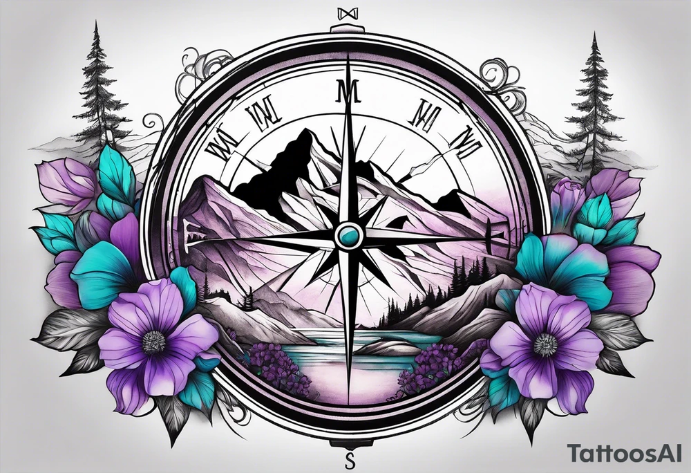 Compass behind a mountain with purple and teal sky, and purple and teal flowers in the foreground tattoo idea