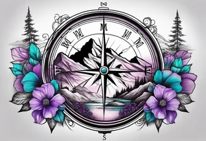 Compass behind a mountain with purple and teal sky, and purple and teal flowers in the foreground tattoo idea