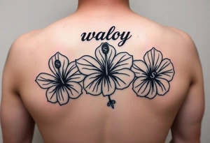 3 Tribal designed Hibiscus flowers with the work “waloy” over them and the letters “svs” within the tribal flowers with each letters on each flowers tattoo idea