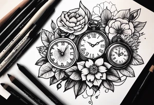 Familia con flor y reloj antiguo para el brazo tattoo idea