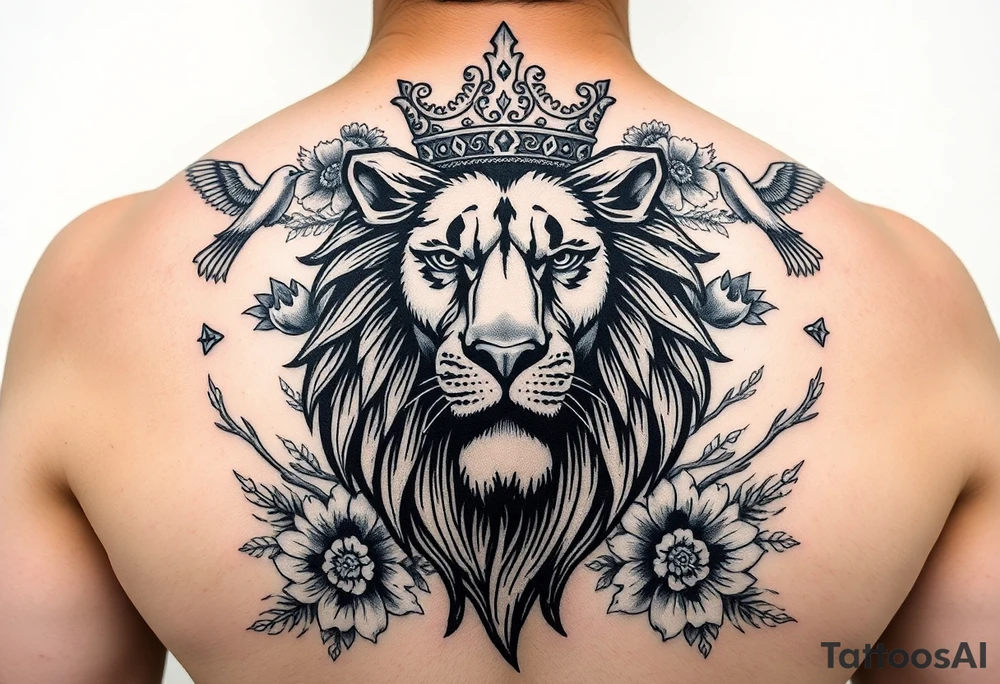 powerful majestic lion with a crown, surrounded by floral ornaments and birds tattoo idea