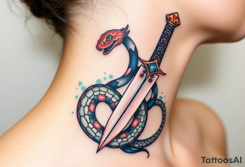 mystical snake coiled around an ancient dagger with jeweled hilt tattoo idea
