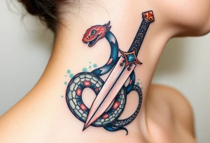 mystical snake coiled around an ancient dagger with jeweled hilt tattoo idea