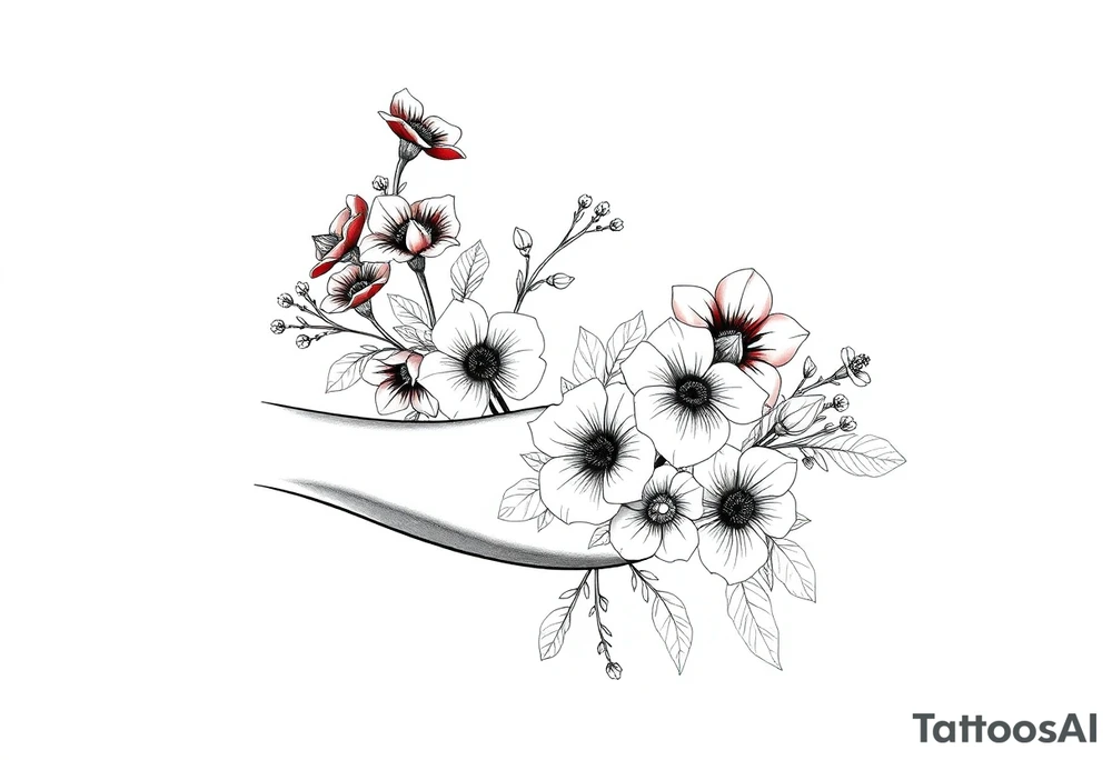 Full sleeve tattoo design of larkspur and hawthorn flowers, highly detailed line art, RED ink, elegant botanical style, intertwined composition, no shading, no human mock-up, clean stencil style suitable for tattooing, fit fully within boundaries. LINE ART ONLY, REMOVE HUMAN, NO SKIN, NO ARM, NO HUMAN BODY PARTS tattoo idea