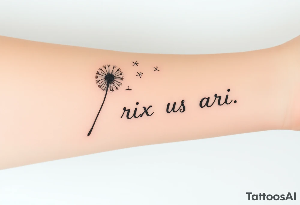This image features a delicate dandelion tattoo on a person’s skin, with fine lines and soft shading. The dandelion’s stem extends from the bottom left corner, leading to the detailed flower head, which appears to be dispersing its seeds. The seeds are shown floating away in a natural, wind-swept motion, symbolizing freedom, change, and new beginnings.

The tattoo has a subtle watercolor effect with a gentle pinkish hue around the base of the dandelion, adding depth and softness to the design. The fine-line work gives it a refined and elegant look. The placement on the body makes it a visually appealing and meaningful piece.  Rix Rys Ari realistic drawing tattoo idea