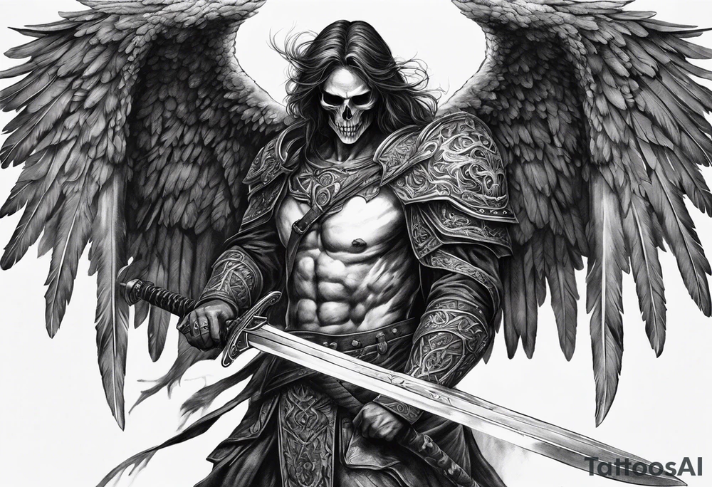 realistic angel of death, man, full body, no face visible, holding one sword in both hands, two hands on the sword, sword pointing downwards, skulls lying on the ground tattoo idea