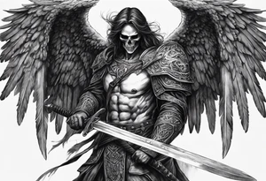 realistic angel of death, man, full body, no face visible, holding one sword in both hands, two hands on the sword, sword pointing downwards, skulls lying on the ground tattoo idea