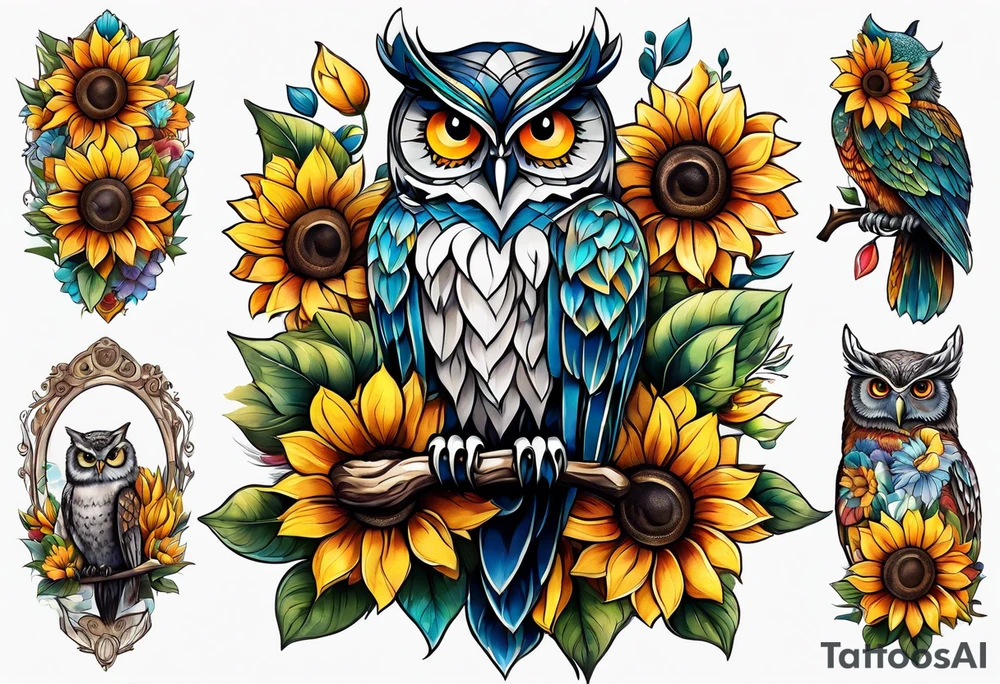 Leg sleeve with colorful sunflowers and an owl tattoo idea