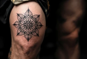 Dotwork mandala stars in black and gray, carefully centered on each kneecap, featuring intricate pointillist patterns and sacred geometry. tattoo idea