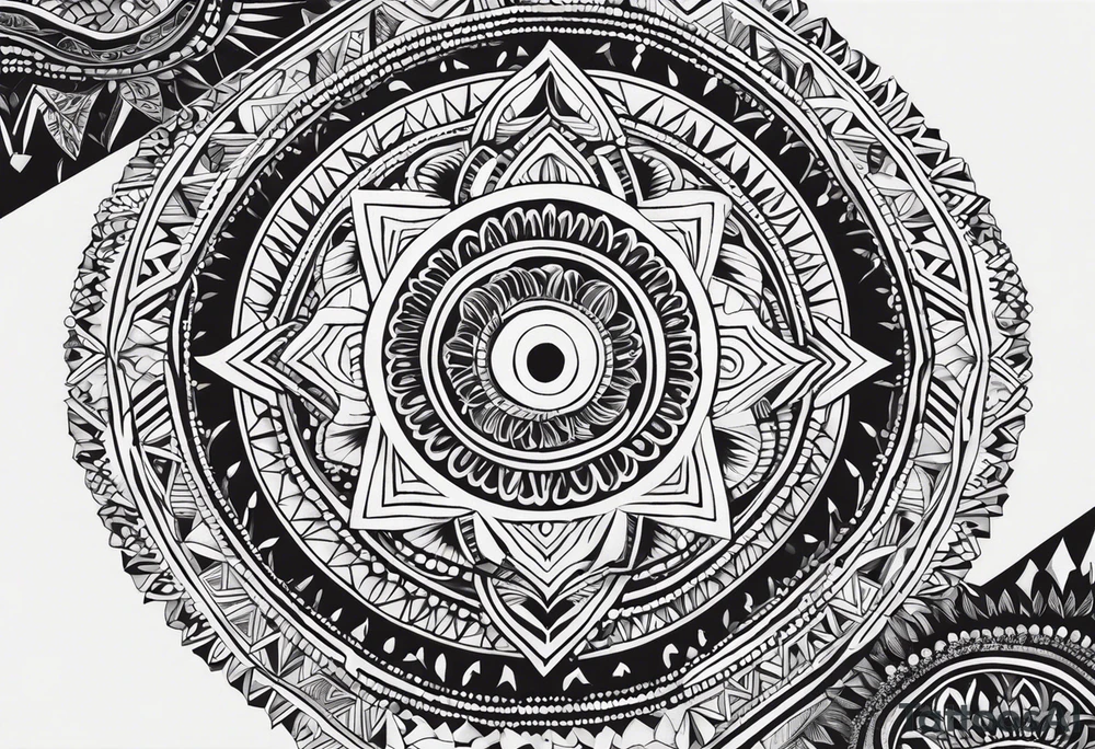 Tatouage ornement noir et blanc. Forme géométrique en longueur avec quelques petit signes aborigène australiens désignant les kangourous et la vie. Puis dessiner un soleil, des vagues. Ainsi que  des feuilles provenant d’Australie et de  Bali. Lignes très fines. tattoo idea