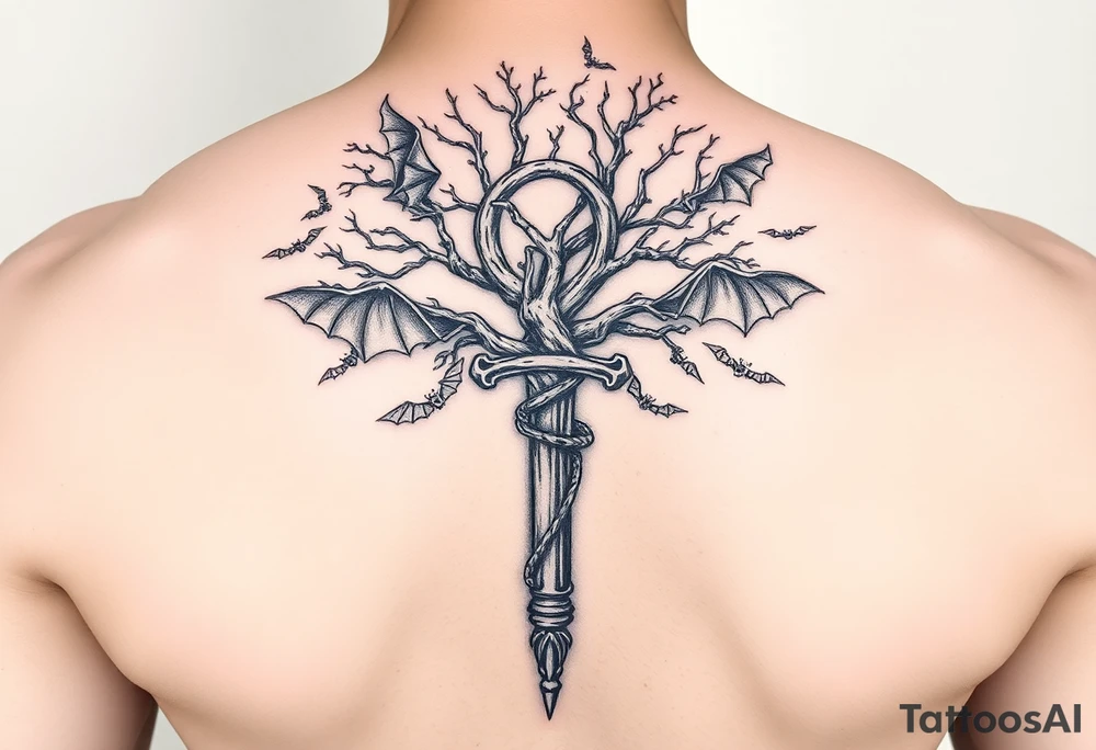 poison tree wrapped around an ankh with bats flying around the tree forearm tattoo tattoo idea