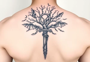 poison tree wrapped around an ankh with bats flying around the tree forearm tattoo tattoo idea