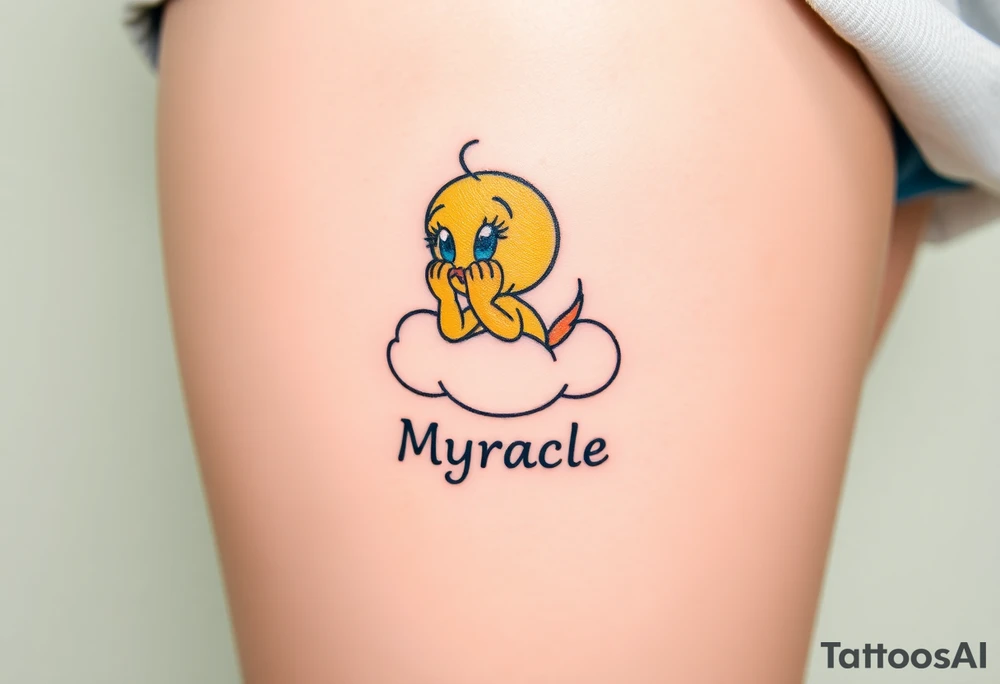 Baby Tweety Bird on a cloud with his head in his hands looking up. Under the cloud in small capital letters is the name Myracle Blessing tattoo idea