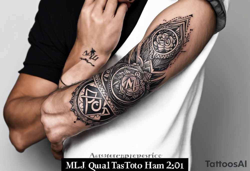 small tattoo on the forearm of a man with the initials MLJ, date of birth 22/09/22 in the style of a moluccan tattoo tattoo idea