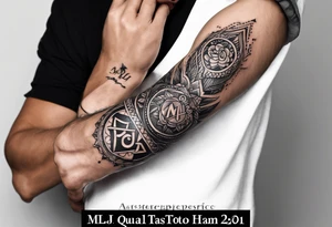 small tattoo on the forearm of a man with the initials MLJ, date of birth 22/09/22 in the style of a moluccan tattoo tattoo idea