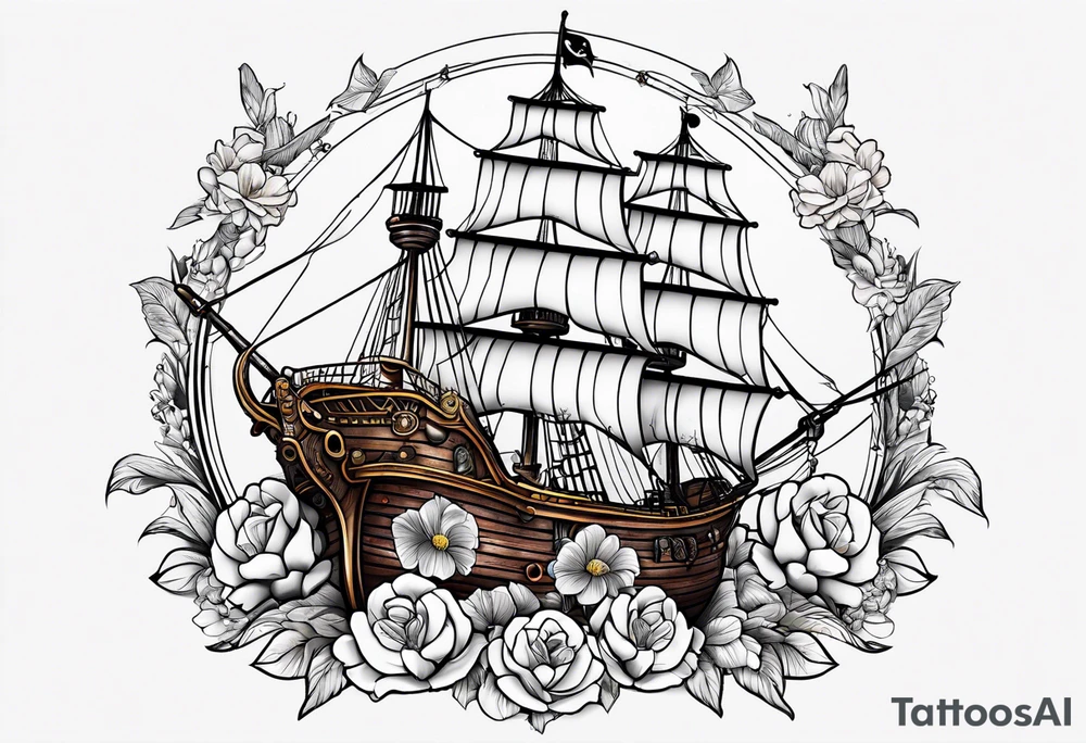 Ship pirate, flower, animal tattoo idea