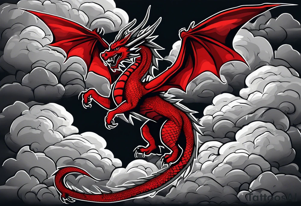 A red dragon emerging from the gray and black layered clouds in a sky where lightning flashes tattoo idea