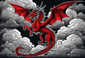 A red dragon emerging from the gray and black layered clouds in a sky where lightning flashes tattoo idea